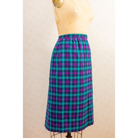 Vintage 80s Tartan Plaid Pendleton Pencil Wiggle Skirt, Purple Teal Black, Sz 16 - Picture 5 of 10